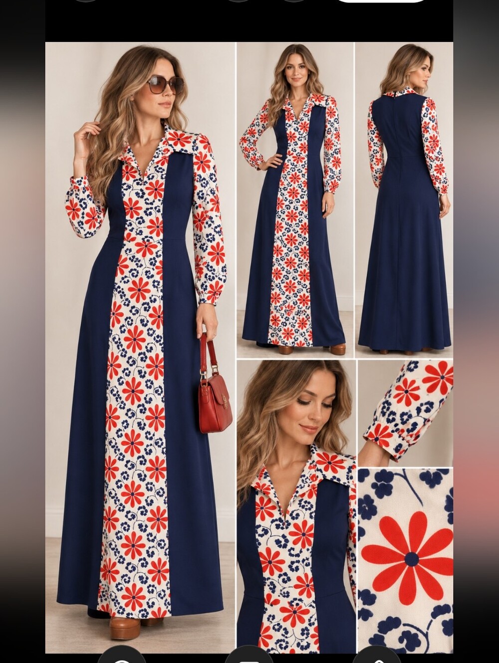 Vintage 1970s Red White & Navy Floral Maxi Dress | Canadian Mod Boho Long Sleeve